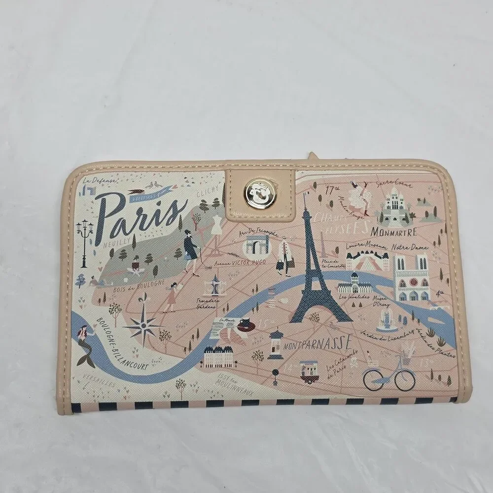 Spartina 449 Paris Map Snap Wallet Beige Blush Pink Faux Leather Travel Eiffel